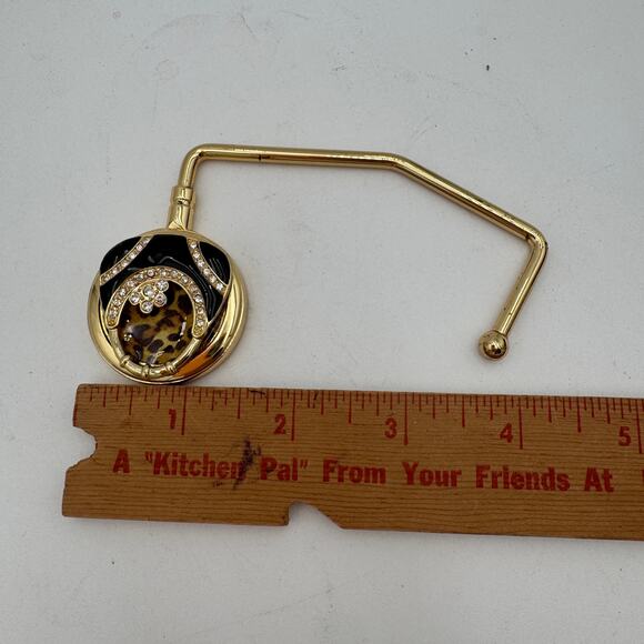 Purse Hanger Black Leopard Print Rhinestones Handbag Hook Portable Brass - Picture 5 of 8